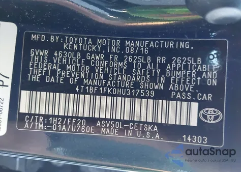 2017 Toyota Camry Se из США, поврежденный, VIN 4T1BF1FK0HU317539